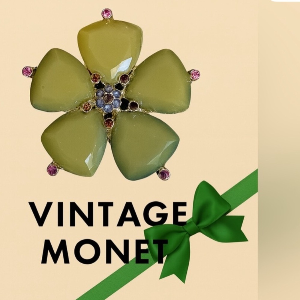 Monet Vintage Green Flower Brooch Silver Tone Rhinestone Signed